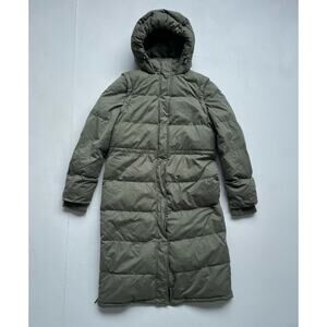 UpWest Khaki Green Quilted Long Puffer Coat / Zip Up Hood / Fleece Lined Jacket
